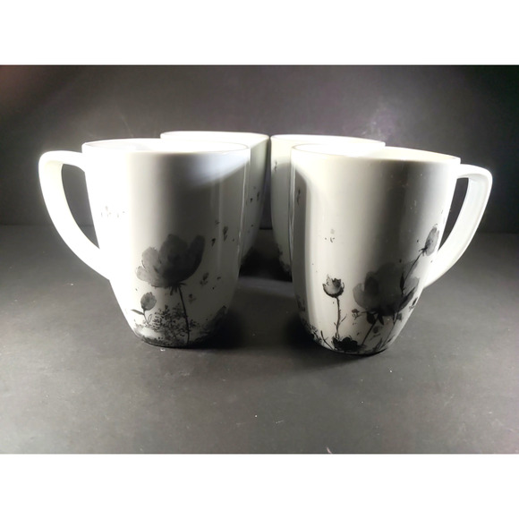Corelle Coordinates Porcelain Coffee Cup Mug Lot Of 4 White Gray Flowers - Picture 1 of 14
